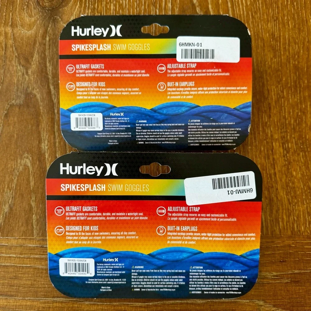 1 set of 2 Hurley kids’ swim goggles, 1 blue, 1 orange